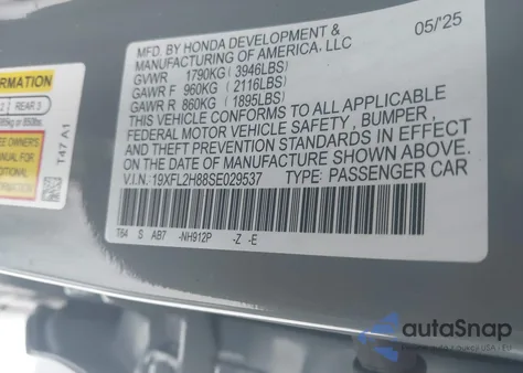 2025 Honda Civic Sedan Sport из США, поврежденный, VIN 19XFL2H88SE029537